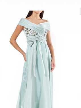 One-Shoulder Mint Evening Gown with Beaded Bodice